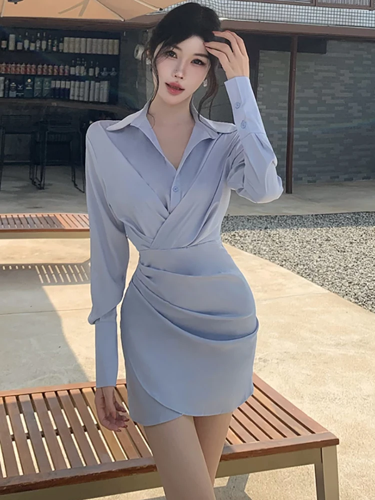 

Autumn Winter Blue Long Sleeve Polo Collar Shirt Dress Women Pleated Bodycon Mini Dress 2025 Korean Fashion Chic Festival Dress