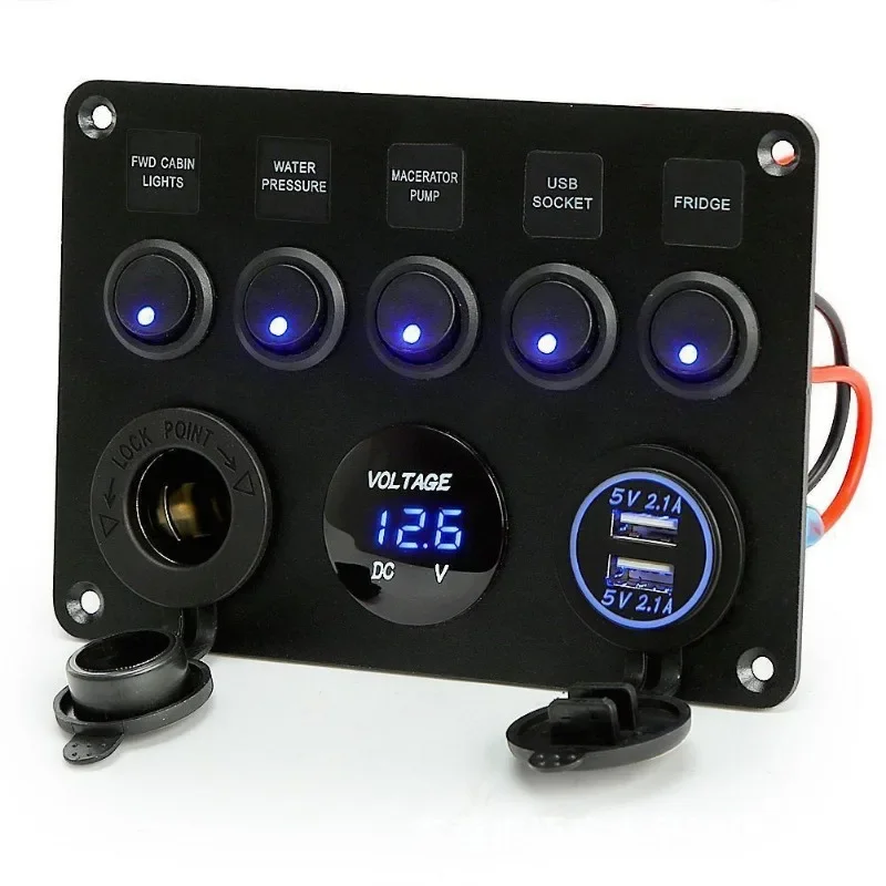 Waterproof 12V-24V Dual USB Charger Socket Panel with LED Digital Voltmeter ON OFF Toggle Switch for Car Boat Marine Truck