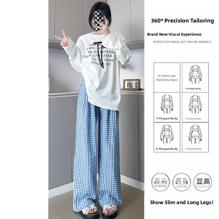 Blau karierte Hose mit weitem Bein für Damen, Sommer, dünn, locker, gerade, lässig, hohe Taille, bodenlange Hose, Schlankheitseffekt