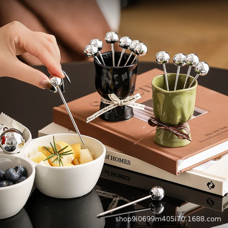 YFY Fruit Fork Set Premium Cake Dessert Stainless Steel Fork Household Light Luxury Ceramic Fruit Stick Storage Jar