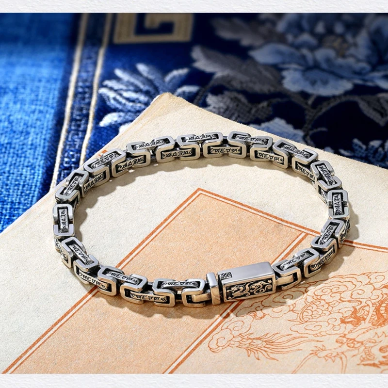 S925 Sterling Silver Six Word Truth Bracelet Male Retro Ethnic Style Old Thai Silver Jewelry Trend Bracelet Gift For Boyfriend