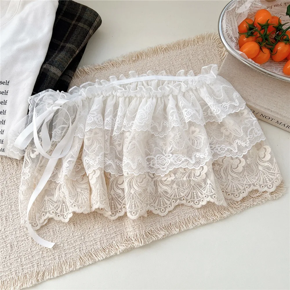 

Balletcore White Lace Fart Curtain Ballet Style Korean Style Ruffle Short Skirts Flower High Waist Mini Lace Skirts Streetwear