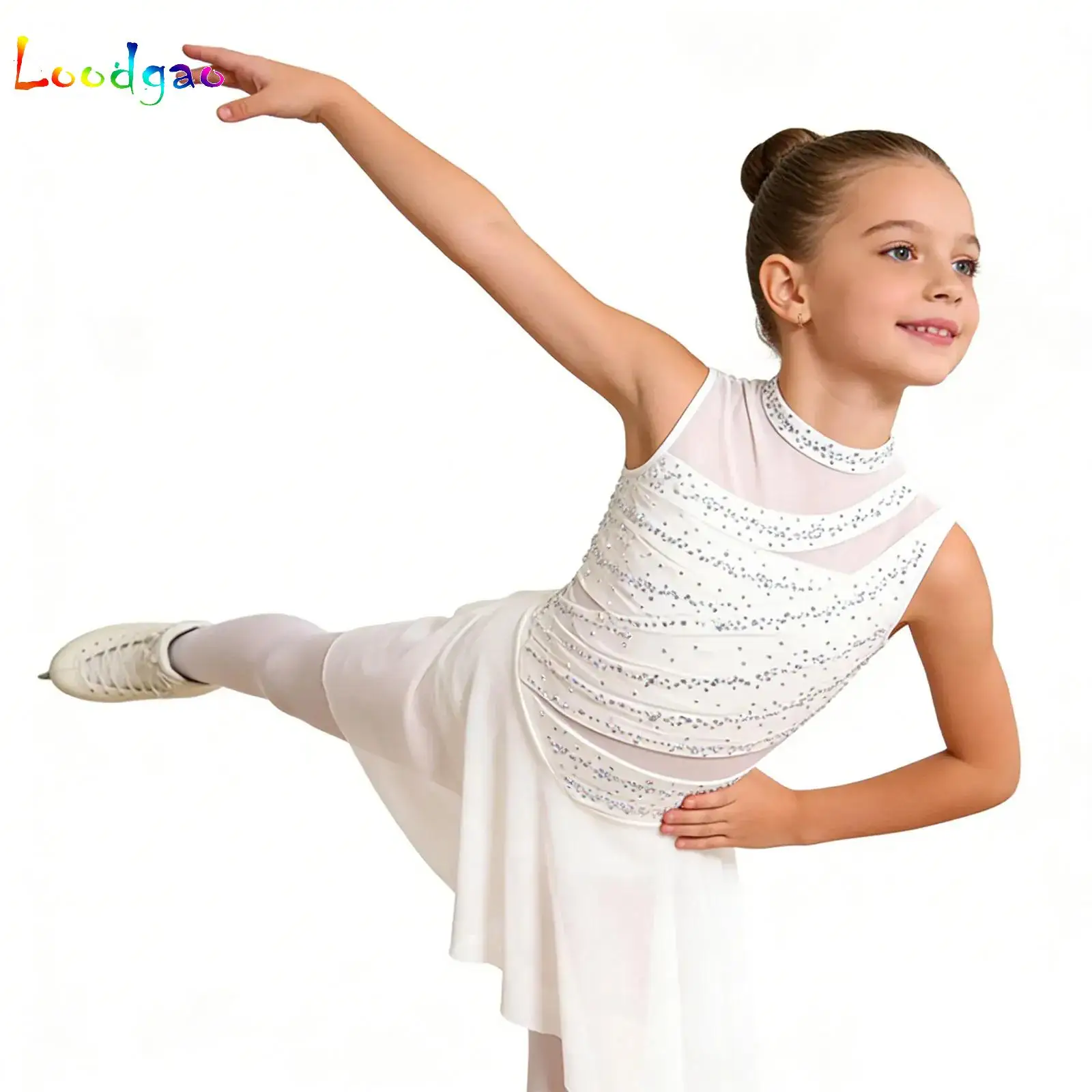 

Shiny Rhinestones Sheer Mesh Ruched Dress for Gymnastics Lyrical Ballet Dance Leotard Tutu Figure Skating Performance Costumes