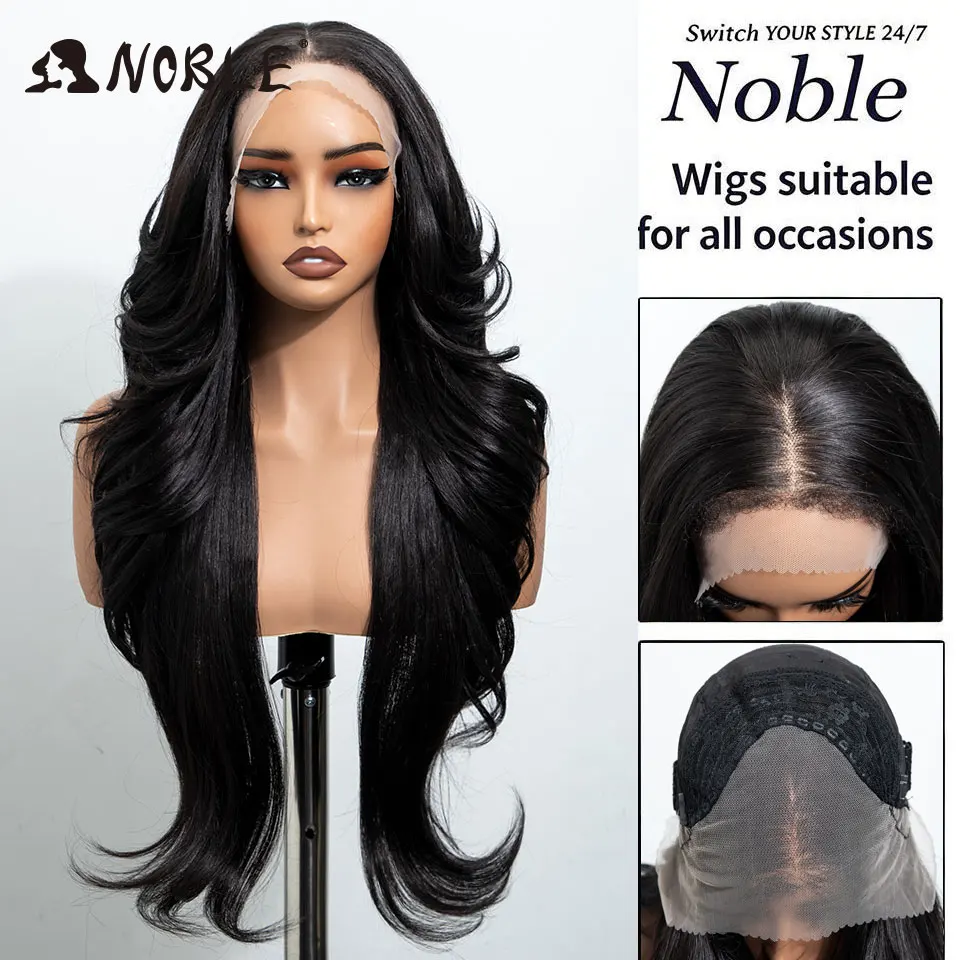 Noble 28 Zoll Synthetische Lace-Front-Perücken für schwarze Frauen, 13x4, vorgezupft, geschichtet, Ombre Braun-Blond mit Highlights, Perücken für den täglichen Gebrauch – Detail 7
