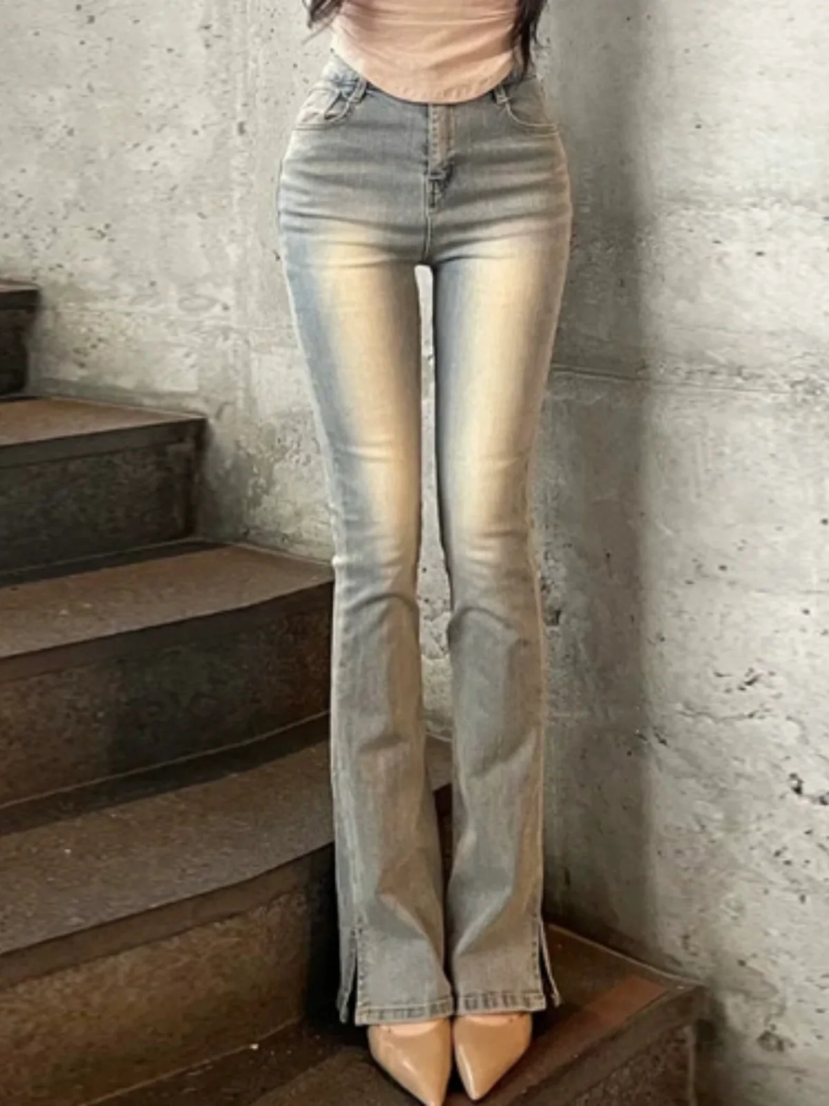 

Retro Waed Blue Yellow High Waist Elastic Slimming Hip Enhancing Bell Bot Jeans Women's Casual Cotton Stretch Denim