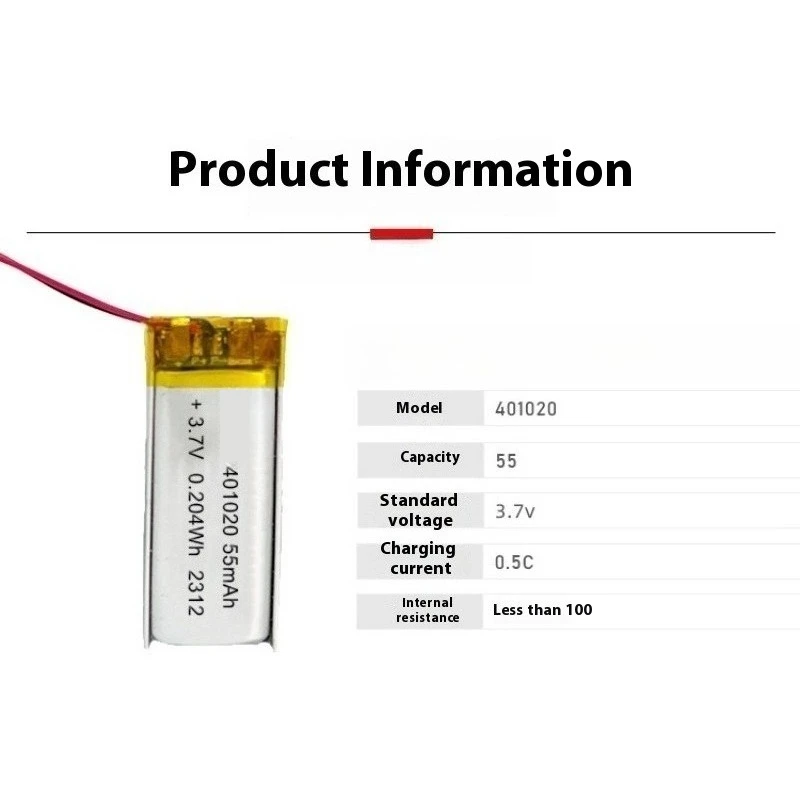 401020 3.7V 55mAh Lithium Polymer Battery Li-Po Rechargeable Cell for Bluetooth Headset Speaker Smart Watch GPS MP4 LED Light