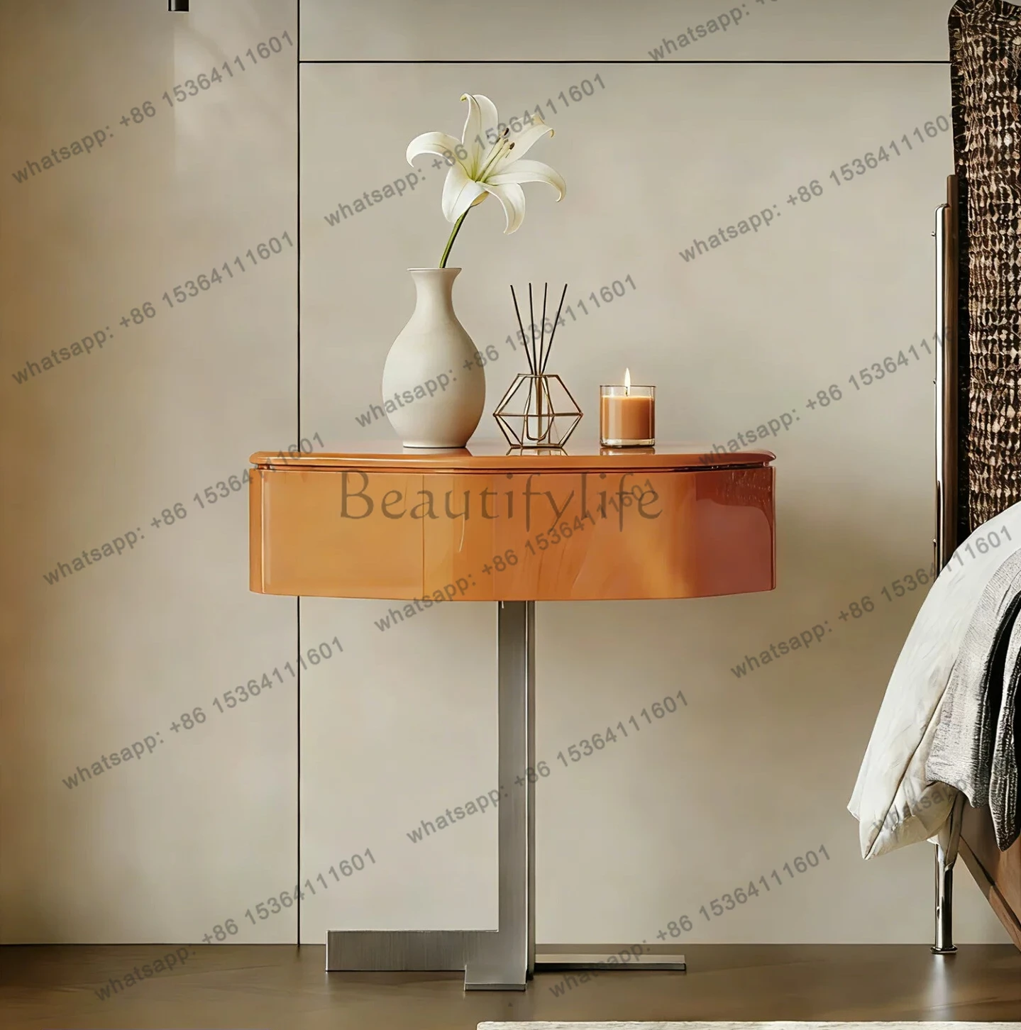 High-gloss painted bedside table household rotating special-shaped living room dopamine Italian stainless steel