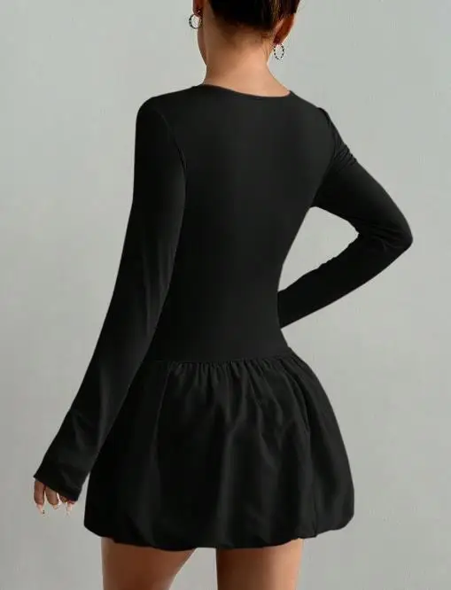 

Autumn New Slim Fit Long Sleeved Dress with Elastic Fluffy Skirt Round Neck Solid Color Waist Cinching Slim Fit Floral Bud Dress