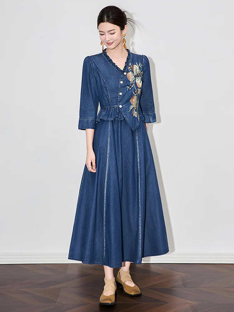 TIYIHAILEY Women Embroidery Long Mid-Calf Denim Summer Dress M-2XL V-Neck Ladies Clothing New 2025 Fake 2pcs