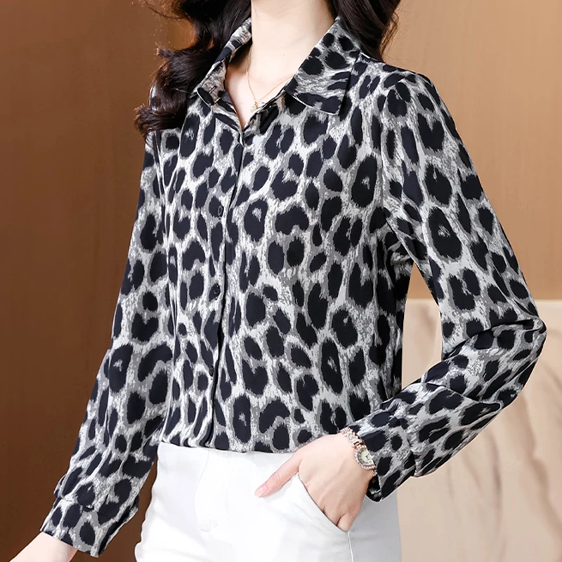 Autumn Women's Oversize Shirt Chic Leopard Print Chiffon Blouse Vintage Blouse Long Sleeve Tops Elegant Long Shirt for Women