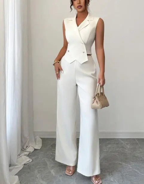 Two Piece Set Women Outfit 2026 Spring Summer New Solid Color Notched Collar Sleeveless Crop Top & High Waist Casual Pants Set