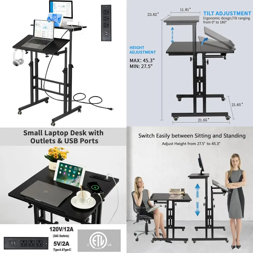 Verstellbarer Laptop-Schreibtisch mit Ladestation – mobiler stehender Computerwagen für den ergonomischen Einsatz