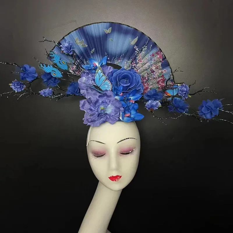 Handmade original homemade blue flower fan headdress, stage model catwalk performance style, one piece of hair accessories