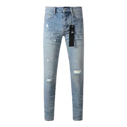 2024 New Destroyed Scratch Hole Men's High Street Slim Fit Skinny Light Blue Denim Jeans Pants