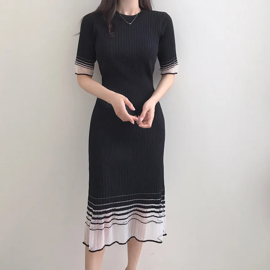 REALEFT Summer Mesh Patchwork Women\'s Midi Dresses 2024 New Vintage Short Sleeve O-Neck Korean Sheath Wrap Dress Female