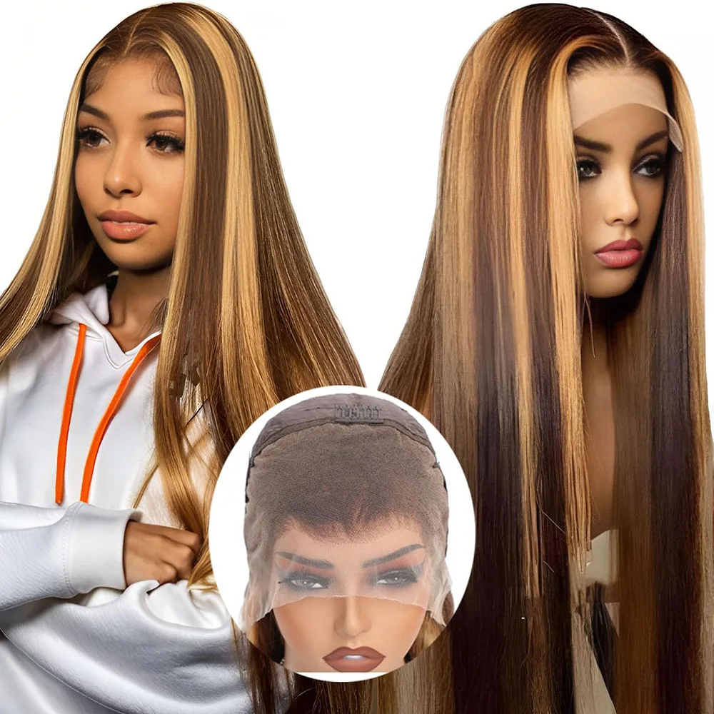 

40-дюймовый Highlight P4/27 Bone Straight Lace Wigs 13x6 HD Lace Frontal Wig 200% Плотность 13x4 Прозрачный парик из натуральных волос на кружеве