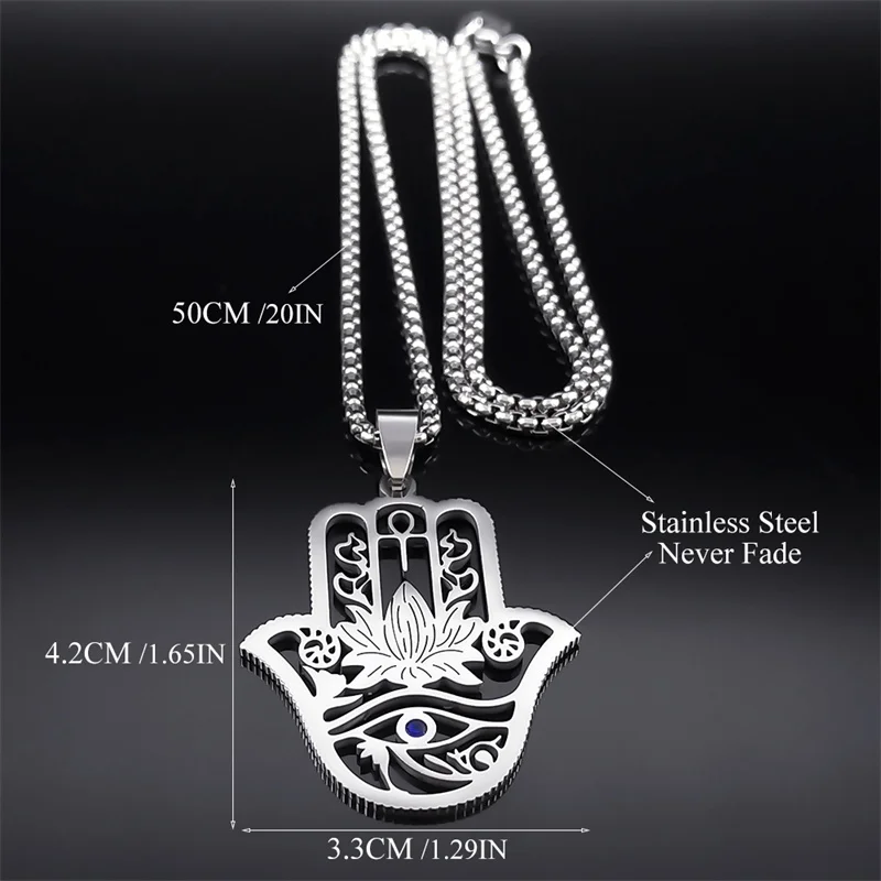 Hamsa Hand Ankh Lotus Necklace for Women Men Stainless Steel Silver Color Egypt Eye of Horus Necklaces Jewelry N8075S02