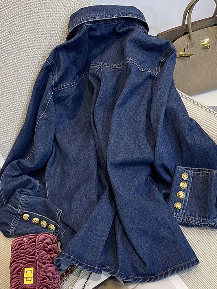 Women Dark Blue Denim Shirts and Blouses Y2k 90s Vintage Korean Harajuku 2000s Polo-Neck Long Sleeve Jean Shirt Top Clothes 2024