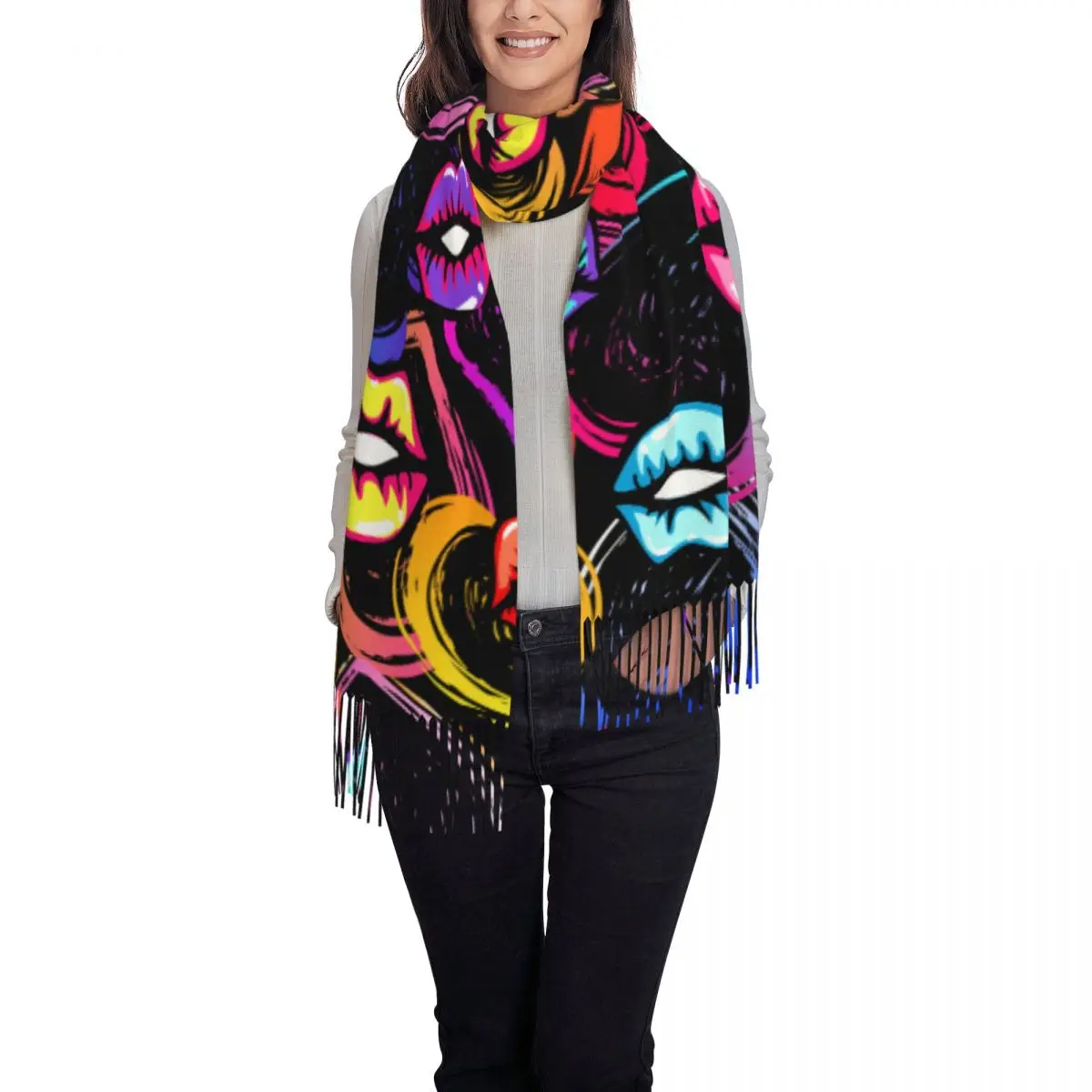 Women Scarf Abstract Kiss Lips And Hearts Pop Art Winter Shawls Thin Wrap Lady Tassel Warm Scarves Hairy Bufanda Stole