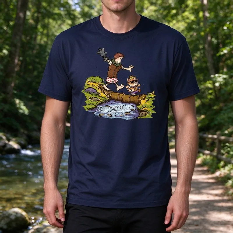Funny Cartoon Stream Adventure T-Shirt Two Friends Balancing on a Log Graphic 100% Cotton Casual Outdoor Camping Men Tee Top
