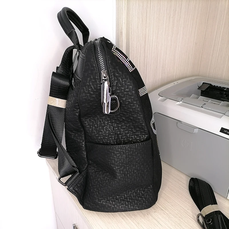 genuine leather women\'s backpack cute bear shining rhinestone women\'s bag large capacity travel school bagpack