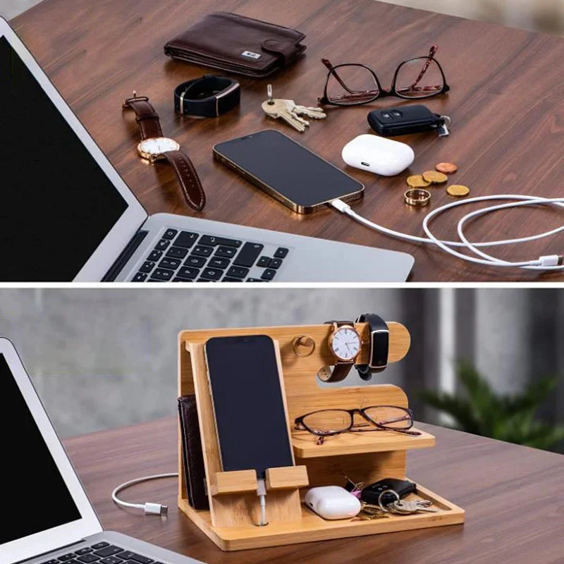 Wood Phone Docking Station Key Holder Bedside Organiser Wallet Stand Watch Organizer Wooden Entrance Cabinet Storage Racks