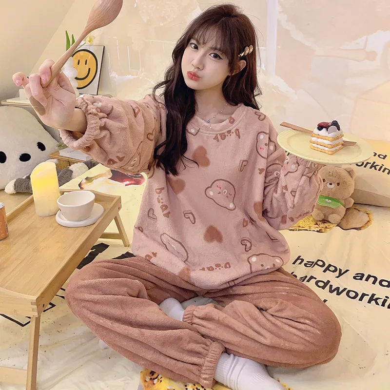 

Cute Kawaii Pajama Sets Winter Women Two Pieces Cartoon Print Flannel Warm Long Sleeve Pullover Pants Loungewear Soft Nightwear