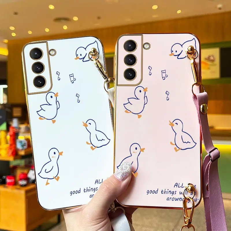 Singing Duck Lanyard Plating Phone Case For Samsung Galaxy S21 S21FE S21Ultra S21Plus S22 S23 S20 S30 S23FE S22Ultra S20FE Cover