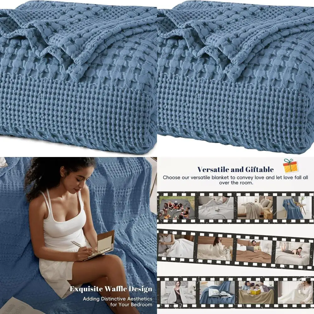 

King Size Cotton Waffle Weave Blanket, Soft & Breathable, All-Season Comfort, Luxury Denim Blue for Home Decor, 108x90