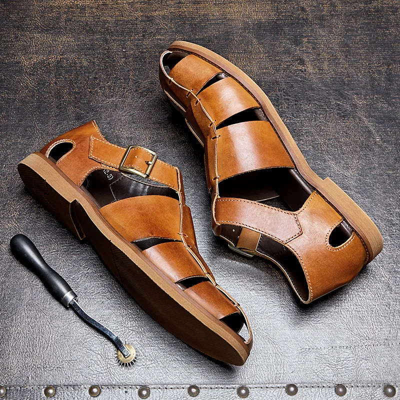 Vintage Hollow Genuine Leather Man Sandals Luxury Handmade Quality 2024 Designer Buckle Fashion Summer Business Social Shoes Men