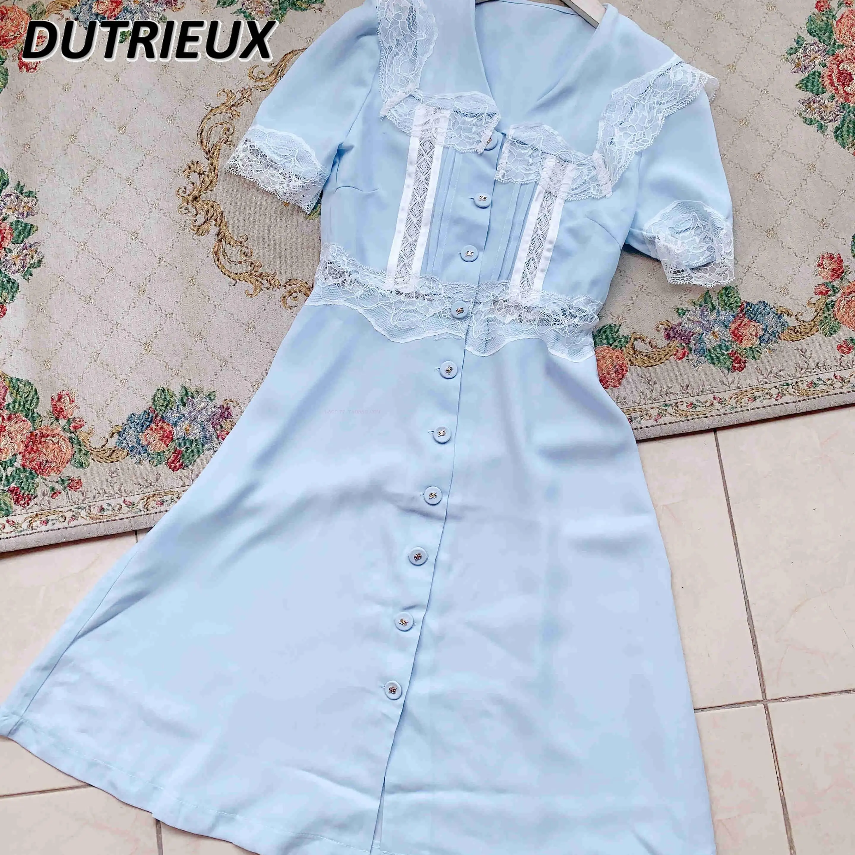 Summer New Lace Splicing Navy Collar Short-sleeved Shirt Dress Women's Sweet Age-reducing Single-breasted Waist Dresses