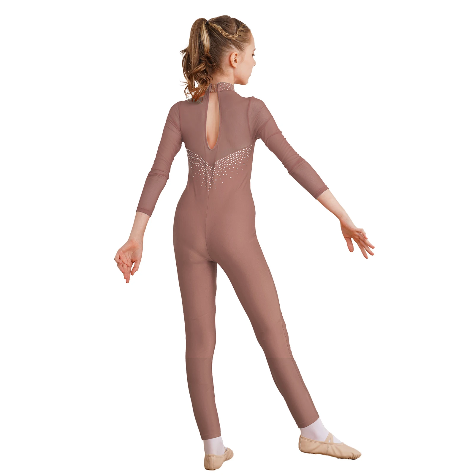 Kids Girls Figure Skating Jumpsuit Ballet Gymnastics Leotard Skinny Bodysuit Acrobatics Long Sleeve Shiny Sheer Mesh Unitard