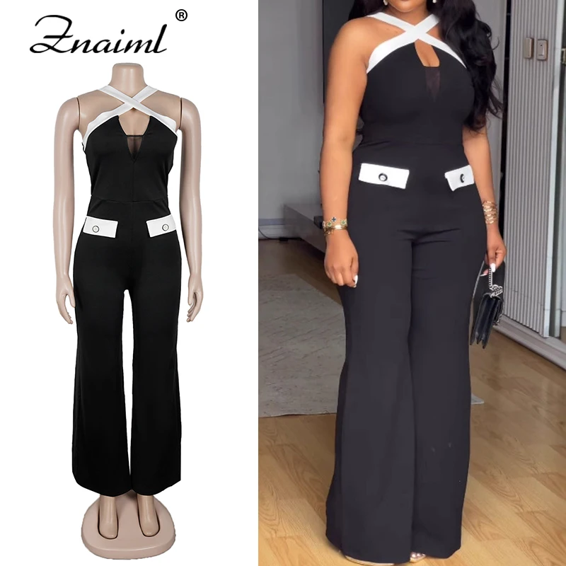

Znaiml Black Women's Sleeveless Cross Spaghetti Strap Loose Jumpsuit Autumn Office Wide Leg Pants Streetwear Overalls Fashion