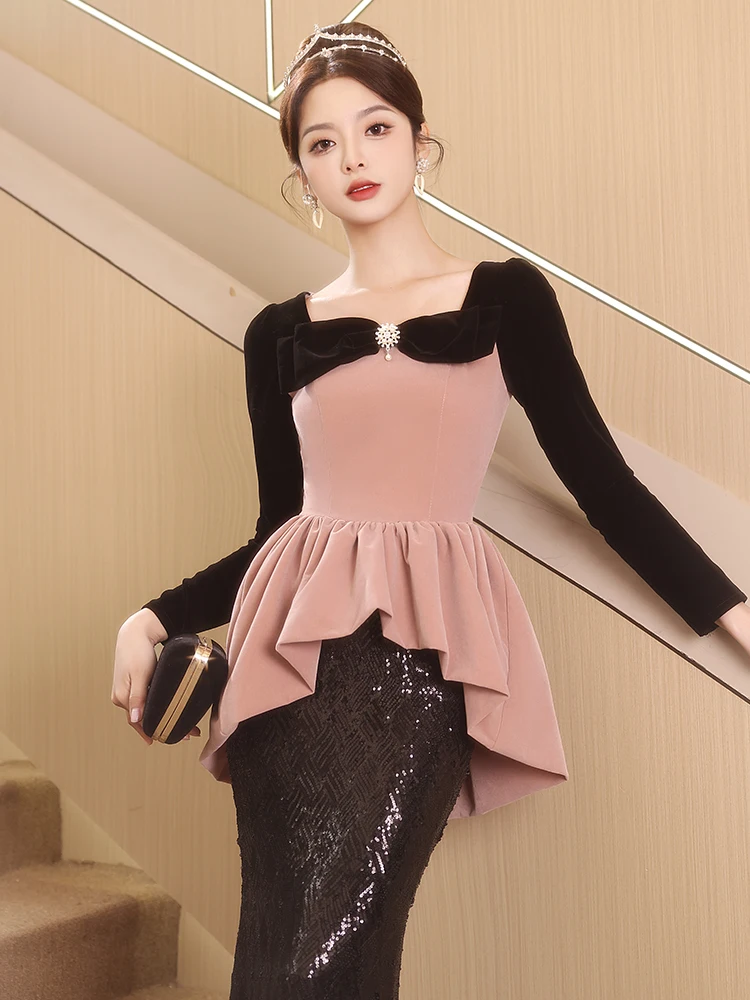 

Вечернее платье Ele Fi Tail для женщин, новинка 2026 года, для мероприятий, класса люкс, с длинными рукавами, со средней талией, в корейском стиле