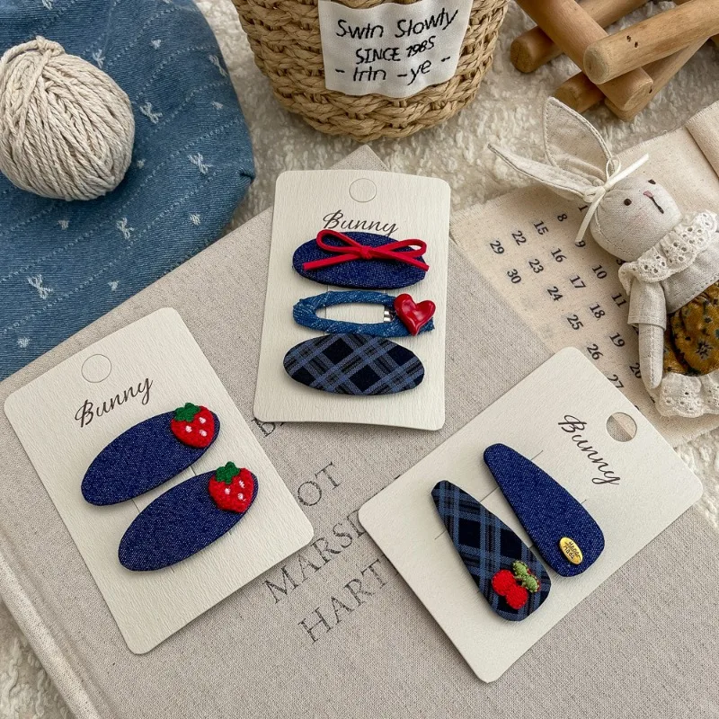 

Vintage Denim Blue Red Strawberry Cherry Hair Clips Set 2pcs Cute Non Slip Versatile Soft No Damage for Women Girls Daily Use