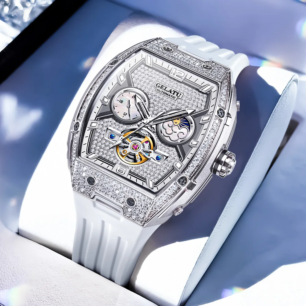 GELATU 6016 Original Luxury Full Diamond Automatic Mechanical Watch for Ladies 52mm Big Face Waterproof Multifunctional Watch