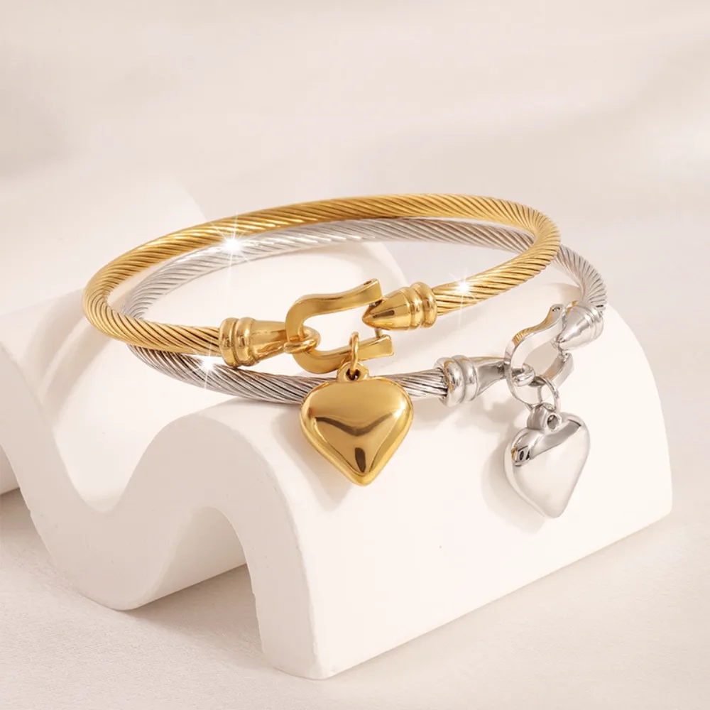 

Twisted Cable Heart Charm Bangle, Gold/Silver Plated Wire Cuff Bracelet for Women