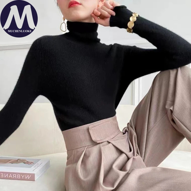 Sweter damski jesień zima nowy elegancki długi rękaw wysoki kołnierz dzianinowy sweter modny dopasowany obcisły sweter