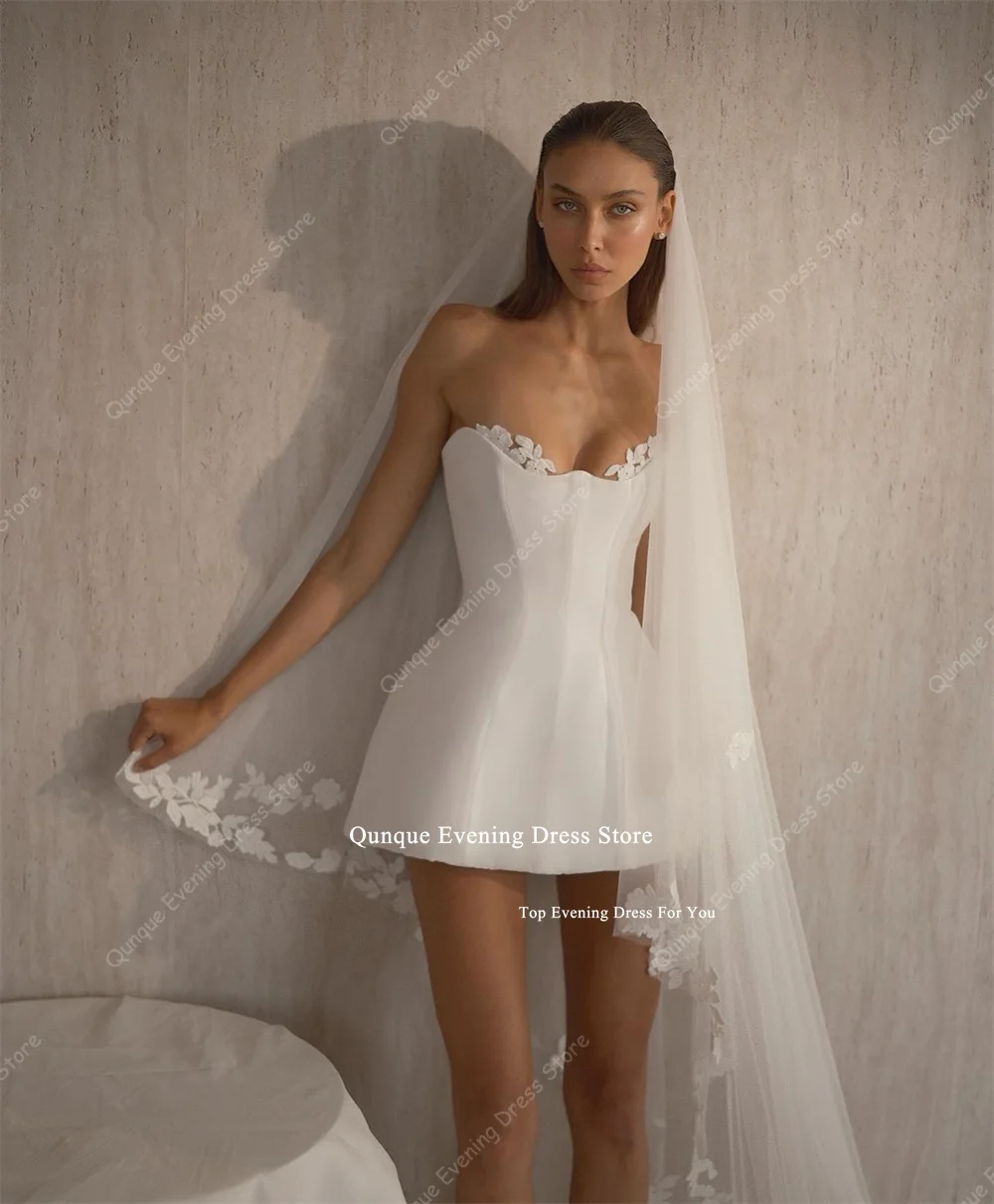Qunque Sexy Mini Satin Wedding Party Dresses Sweetheart Lace Short Vestido De Novia Backless Women Robe De Mariée Customized