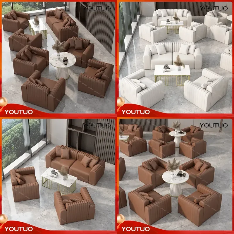  Italian Light Luxury Brown Leather Sofa Hotel Lobby Sales Office Reception Straight Row Sofa Coffee Table Combination