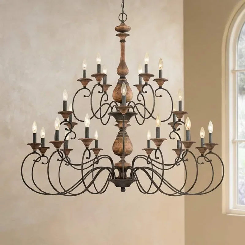 European retro wood chandelier, hand-carved antique lamps, entrance hall decoration