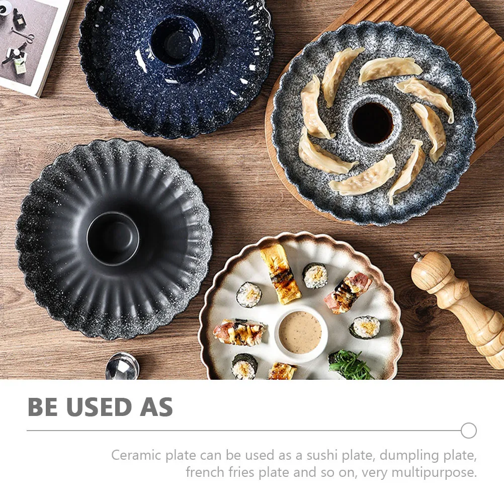 

Ceramic Sushi Plate Round Japanese Style Heat Resistant Food Serving Tray with Center Sauce Dish for Dumplings Snacks