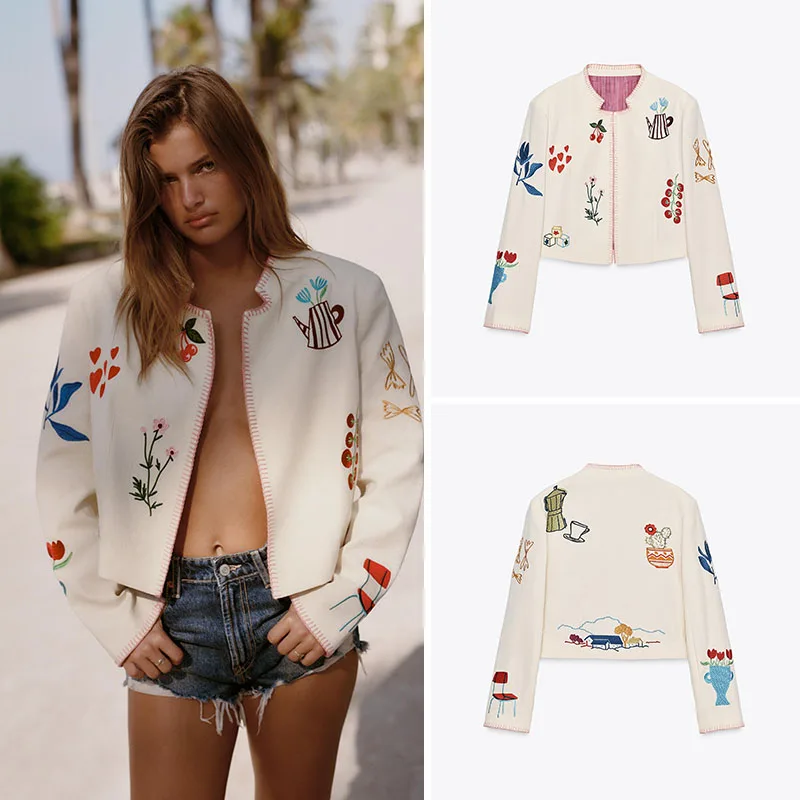 

Ele Simple Embroidery Faion round Ne Long Sve Outerwear New Arrival Women's Stand Fit ort Coat for Commuting