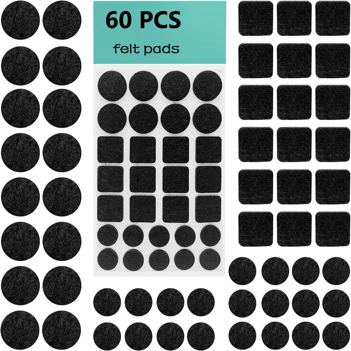 Pack of 60 Self-Adhesive Black Felt Pads for Chairs Furniture Leg Protectors 3mm Thick Pads Anti-Scratch & Noise Reduction