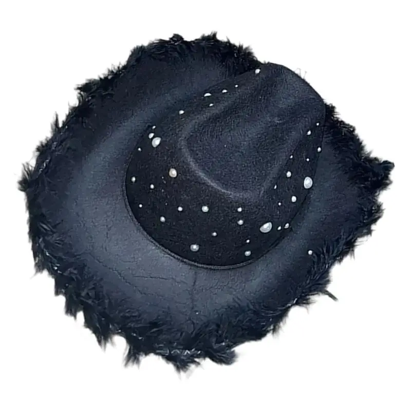 

39BB Furry Trim Fedoras Hat for Cosplay Western Wide Brims Rhinestones Studded Hat Adult Women Bachelorettes Party Accessories