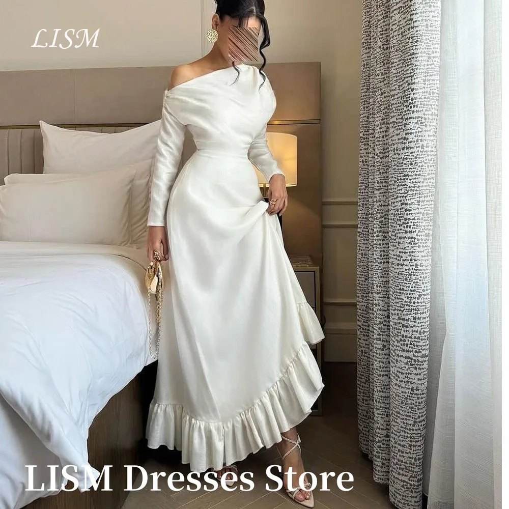 

LISM Simple A-Line Ivory Formal Party Dresses Off Shoulder Soft Satin Full Sleeves Ankle Elegant Evening Gowns Customized