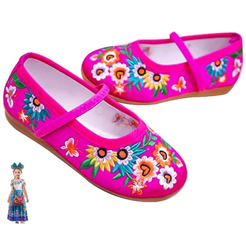 

Cartoon Character Encanto Shoes For Girls Cosplay Costume Dress Up Low Heel Round Toe Flats Floral Embroidery Shoes Casual Wear