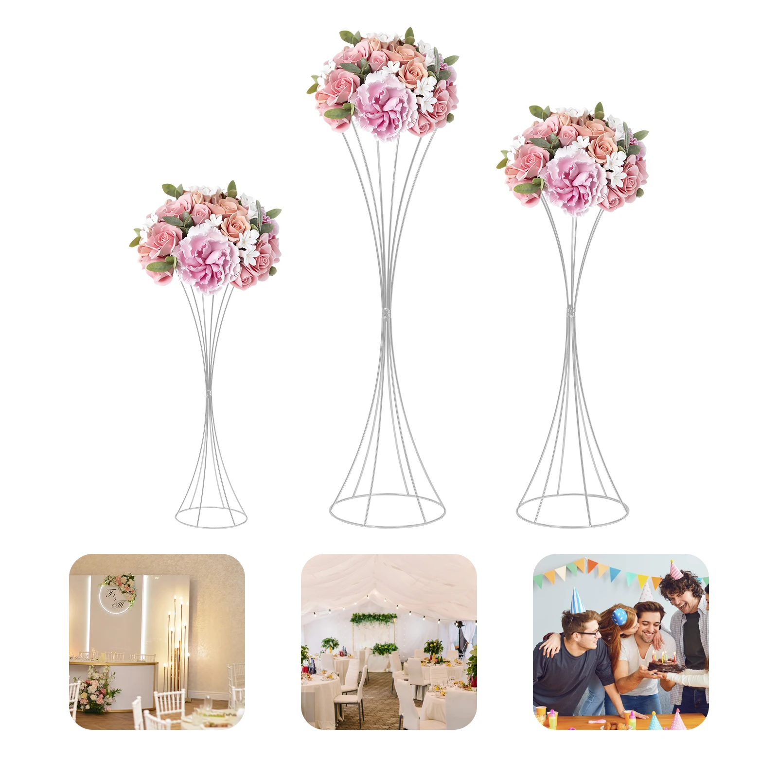 3 Piece Silver Flower Stand for Wedding, Hourglass-shaped Flower Stand