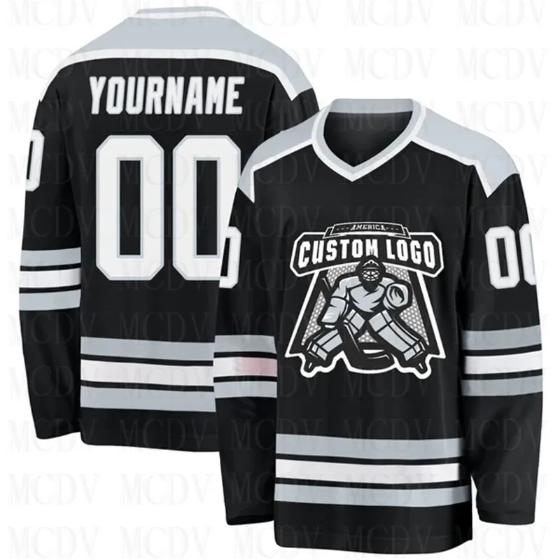 Custom Black White-Silver Hockey Jersey 3D Print You Name Number Youth Mens Women Ice Hockey Jersey Competition Training Jerseys