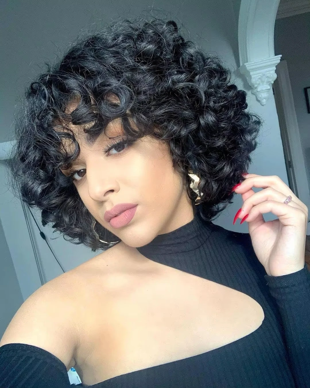 

Short Loose Curly Human Hair With Bangs For Women Natural Black Bouncy Rose Curl Wig With Bangs Short Big Curly Full Machine Mad